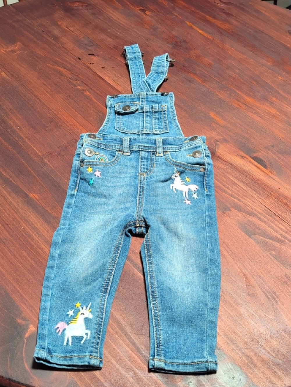 Kids Denim Unicorn Embroidered Overalls - Blue